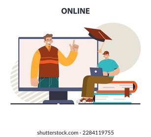 Online education. Idea of study remotely using internet, online services, application or website. Idea of e-learning and gaining knowledge remotely. Flat vector illustration