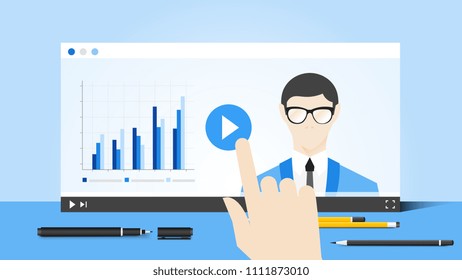 Online Education Illustration With Abstract Web Browser And Business Coach On Video Player. Flat Vector Concept.