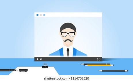 Online Education Illustration With Abstract Web Browser And Business Coach On Video Player. Flat Vector Concept.