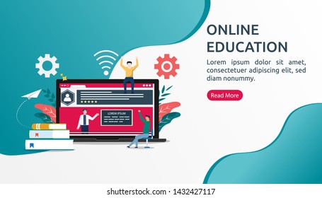 Online education illustration concept, tiny people character in study process. video streaming for learning remotely, can use for landing page, template, ui, web, homepage, poster, banner, flyer, app