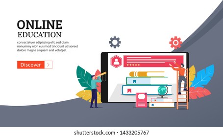 Online education illustration concept, tiny people character in study process. e-book on tablet for learning remotely, can use for landing page, template, ui, web, homepage, poster, banner, flyer, app
