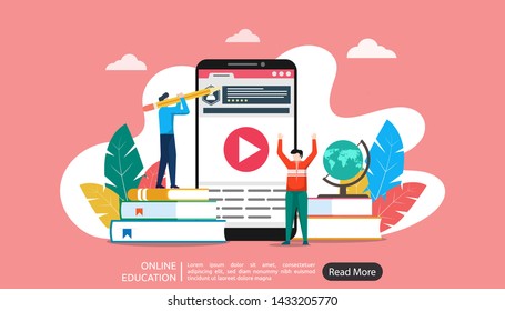 Online education illustration concept, tiny people character in study process. video streaming on smartphone to learn, can use for landing page, template, ui, web, homepage, poster, banner, flyer, app
