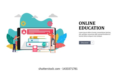 Online education illustration concept, tiny people character in study process. e-book on tablet for learning remotely, can use for landing page, template, ui, web, homepage, poster, banner, flyer, app