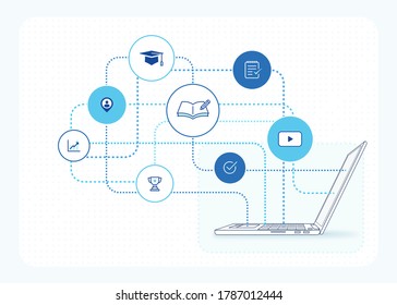 online education illustration: e learning courses, online class platform, education icons, laptop computer side view