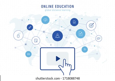 online education illustration: e-learning class, global network connection, distance learning, education icons