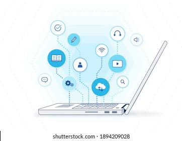 Online education illustration: e-learning platform, distance learning solutions, education icons, laptop computer side view