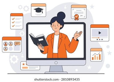 Online education illustration featuring teacher on computer screen with digital learning materials courses certifications and virtual classroom elements for remote training academic instruction and educational technology.