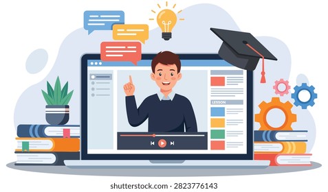 Online education illustration featuring virtual classroom teacher graduation laptop learning tools and digital training concepts for academic courses remote teaching and educational technology resources