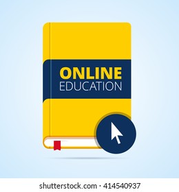 Online education illustration. Flat book icon with pointer. Vector illustration in flat style.