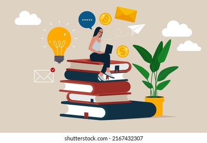 Online education. illustration in flat style. Girl sitting on pile of books. Concept illustration of online courses, distance studying, self education, digital library. E-learning banner. 