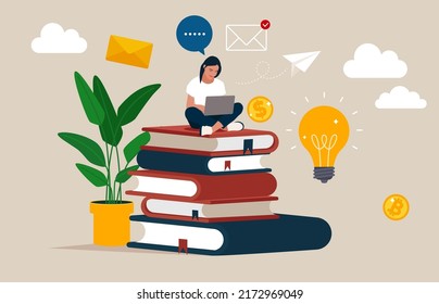 Online education. illustration in flat style. Girl sitting on pile of books. Concept illustration of online courses, distance studying, self education, digital library. E-learning banner. 