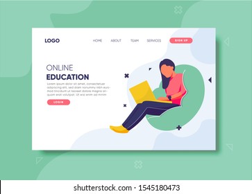 online education illustration for landing page template,woman play laptop vector illustration