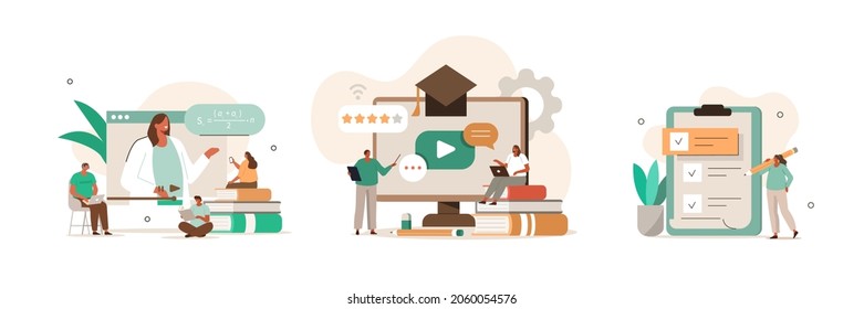 Online Education Illustration Set. Students Having Video Call With Teacher. People Learning Online And Solving Educational Test Or Exam. Distance Learning Concept. Vector Illustration.