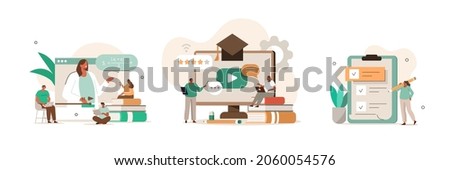 Online education illustration set. Students having video call with teacher. People learning online and solving educational test or exam. Distance learning concept. Vector illustration.