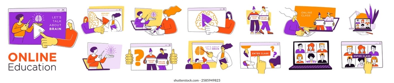 Online Education Illustration with Virtual Learning Scenes. E-Learning and Online Course Platform Concept Design. Online Classes and Digital Education Creative vector Illustration Set