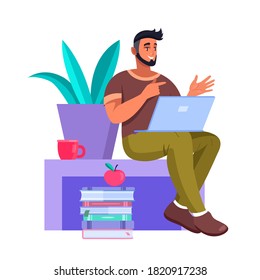 Online education illustration with young freelancer or student learning at home using laptop. Virtual training or communication concept with successful blogger, books. Online education and network