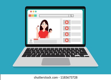 Online education with influence video blogger MUA stylist showing makeup tutorial. Styling webinar and coaching training in your tablet pc. Eps Vector illustration, Minimalist flat style modern design