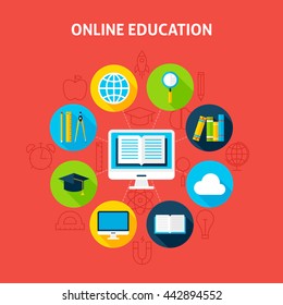 Online Education Infographic Concept. Vector Illustration of Electronic Learning Infographics Circle with Computer Monitor and Circle Icons. Flat Design and Outline.