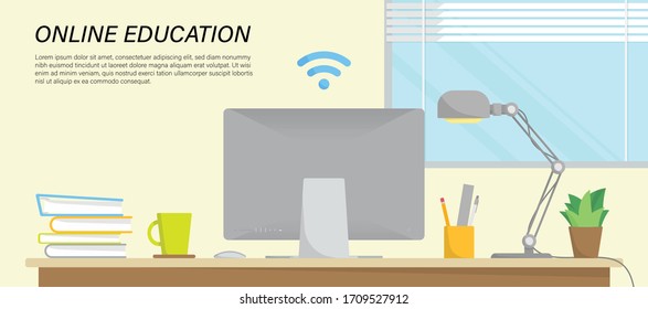 Online education infographic, Vector illustration with workspace in home and place for text 