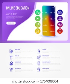 Online education infographics with thin line icons: mobile app for learning, define level, training schedule, motivation, webinar, testing, communication, on any device, price. Vector illustration.