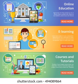 Online education information 3 flat horizontal banners set webpage design with read more button isolated vector illustration