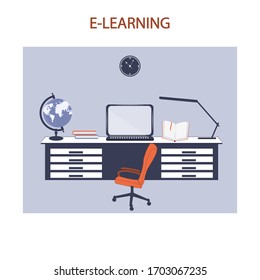 Online education - interior, desk, computer, chair - vector. Quarantine. Work from home. Social concept