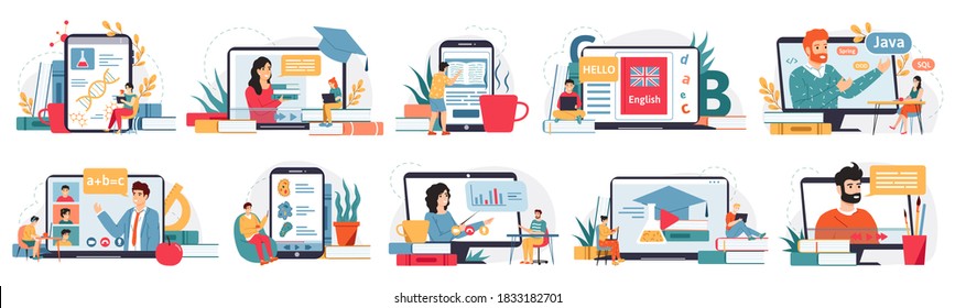 Online education. Internet classes, webinar or digital classroom, homeschooling on laptop screen. E-learning concept vector illustration set. Students having different subjects at home