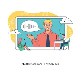 Online education and internet courses banner template with people students against computer screen, cartoon vector illustration isolated on white background.
