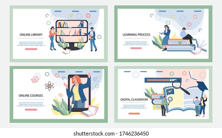 Online education and internet e-learning website banners set with people characters. Online university, homeschooling and distance education courses landing pages template. Flat vector illustration.