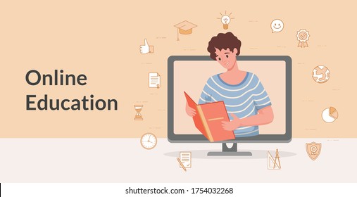 Online Education And Internet Learning Vector Flat Cartoon Banner Design. Young Happy Man Reading A Book And Studying. Distant Learning, Web Studying Poster Template With Text Space.