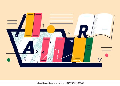 Online education, internet library concept. Laptop screen with different books and literature in electronic type for learning and reading vector illustration