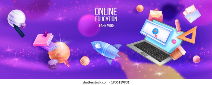 Online education, internet school, digital school vector space 3D background with laptop screen, rocket, planets. Video lectures, tutorial, conference network, banner. Online education creative design