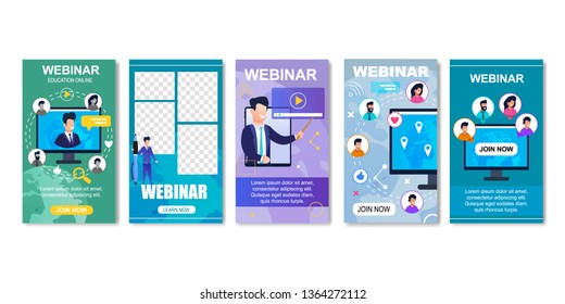 Online Education, Internet Webinar for Students Templates for Social Media. Video Training Vector Illustration. Lectures Given by Lecturers Using Laptop or Computer. Join Us. Web Based Seminar.