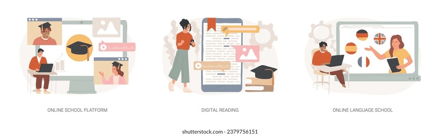 Online education isolated concept vector illustration set. Online school platform, digital reading, language school, homeschooling, education platform, recorded video classes vector concept.