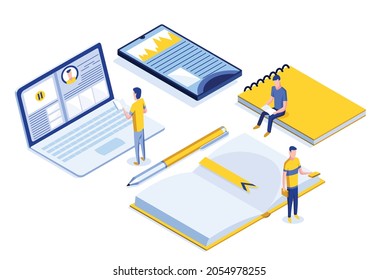 Online education isometric banner with characters. E-learning at home for student. Distance education in virtual environment vector illustration