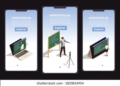 Online education isometric banners with teacher teaching video class isolated on black background 3d vector illustration