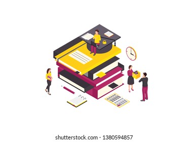 Online education isometric color vector illustration. E class, e learning, e courses infographic. Exam, test preparation. Electronic library 3d concept. Class materials. Isolated design element