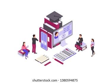 Online education isometric color vector illustration. Internet, distance learning infographic. Video tutorial, e course, e class. Mobile education. e learning 3d concept. Isolated design element