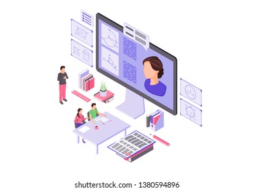 Online education isometric color vector illustration. Electronic courses infographic. Video tutorial, e class. Interactive studying. e learning 3d concept. Internet learning. Isolated design element