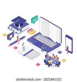 online education isometric concept for banner and website. Landing page templates. Graduation, e-learning research, studying at university, obtaining knowledge concept illustration.