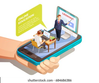 Online Education Isometric Concept With Hand Holding Smartphone With Teacher And Student On Top Of Screen Vector Illustration