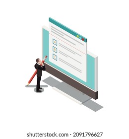Online education isometric concept icons composition with isolated image of desktop computer with exam test and thinking man vector illustration
