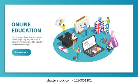 Online education isometric concept. Internet studying and web course. Learning students website landing page, computer education online college teaching seminar training exam vector design