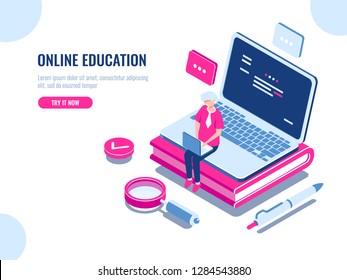 Online education isometric concept, laptop on book, internet course for learning on home, young man working on pc, cartoon flat vector illustration