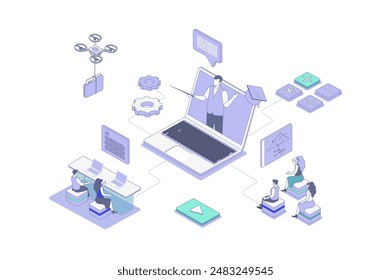 Concepto isométrico de educación en línea en diseño de isometría esquemática para el Web. Personas Video, estudiar a distancia, mirar Ilustración vectorial.