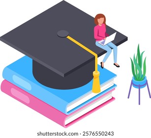 Online education isometric concept shows student working on laptop sitting on graduation cap placed on books, symbolizing online learning and academic achievement