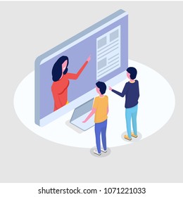 Online education isometric concept,  training courses. 3d isometric people. Vector illustration.