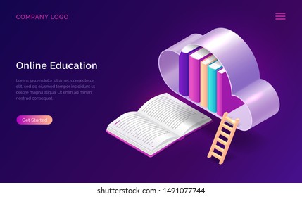 Online education isometric concept vector illustration. Open book and cloud with library on violet background, landing web site page for educational or language courses