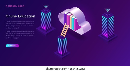Online education isometric concept vector illustration. Open book and cloud with library on violet background, landing web site page for educational or language courses