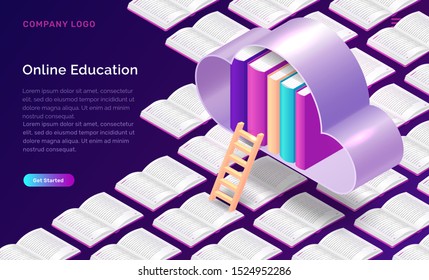 Online education isometric concept vector illustration. Open books background, cloud with library and wooden stairs on purple banner, landing web site page for educational or language courses